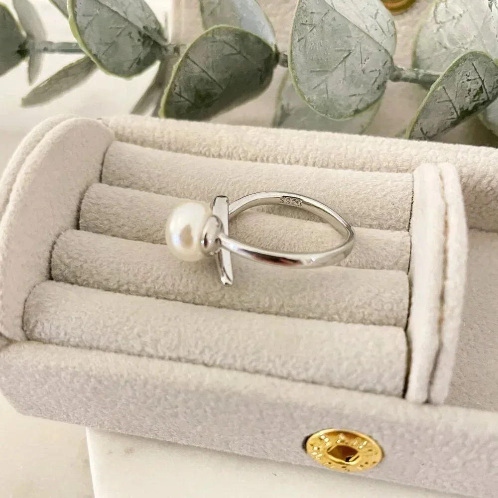 925 Sterling Silver Bar Ring Pearl Ring Pearl Bar Ring Minimalist Dainty Ring - Picture 8 of 8